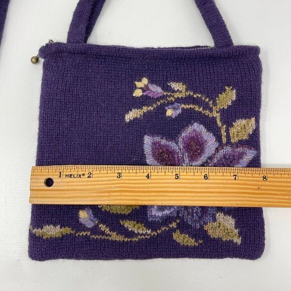 Icelandic Design Wool Blend Shoulder Bag Two Strap Purse Knitted Purple Floral - Picture 9 of 13